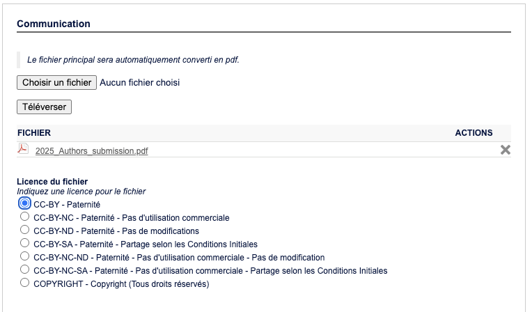 Copie d'écran du formulaire de soumission d'une communication. Après téléchargement du fichier, l'interface propose de sélectionner une licence.