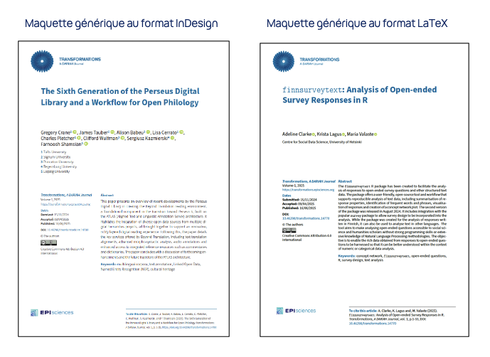 ex de deux articles issus de la revue Transformations, a DARIAH journal avec lam ise en page issues de la maquette générique