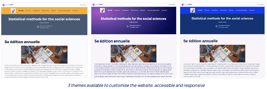 Screen page to show the 3 available themes to customise the conference website