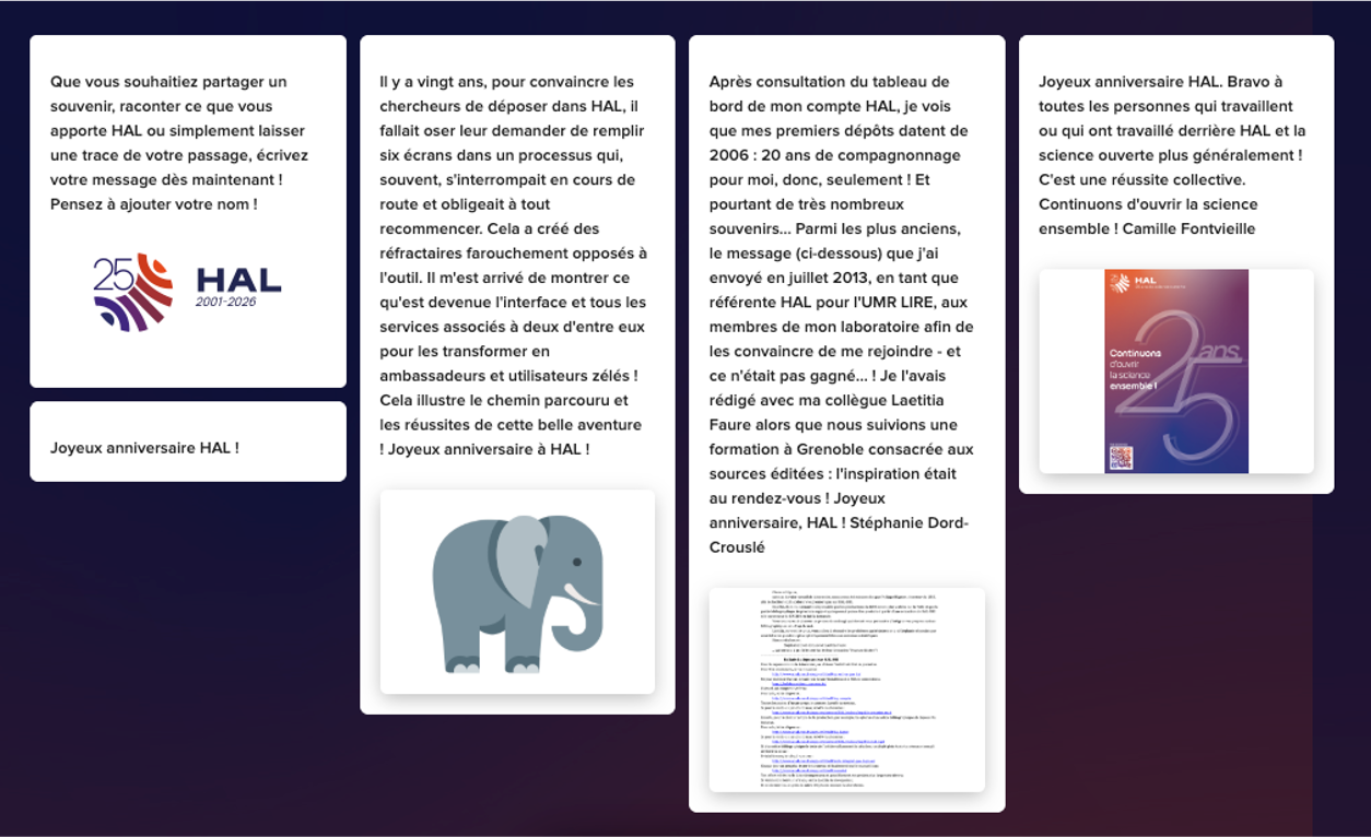 Page écran du livre d'or numérique pour les 25 ans de HAL avec les premières contributions