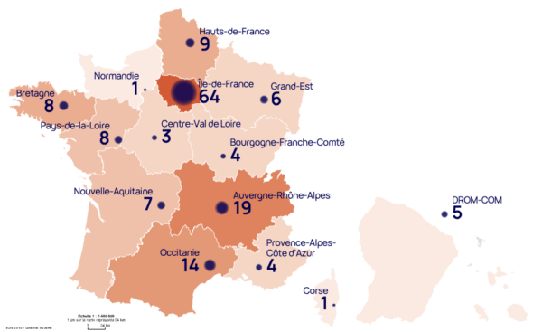 Carte géographique de la France, découpée en régions avec le nombre de portails institutionnel par région : Ile de France (64), Auvergne-Rhône Alpes (19), Occitanie (14), Bretagne (8), Hauts-de-France (9), Nouvelle Aquitaine (7), Pays de la Loire (8), DROM-COM (5), Grand-Est (6), Provence-Alpes Côte d'Azur (4), Bourgogne-Franche Comté (4), Centre-Val de Loire (3), Corse (1), Normandie (1)